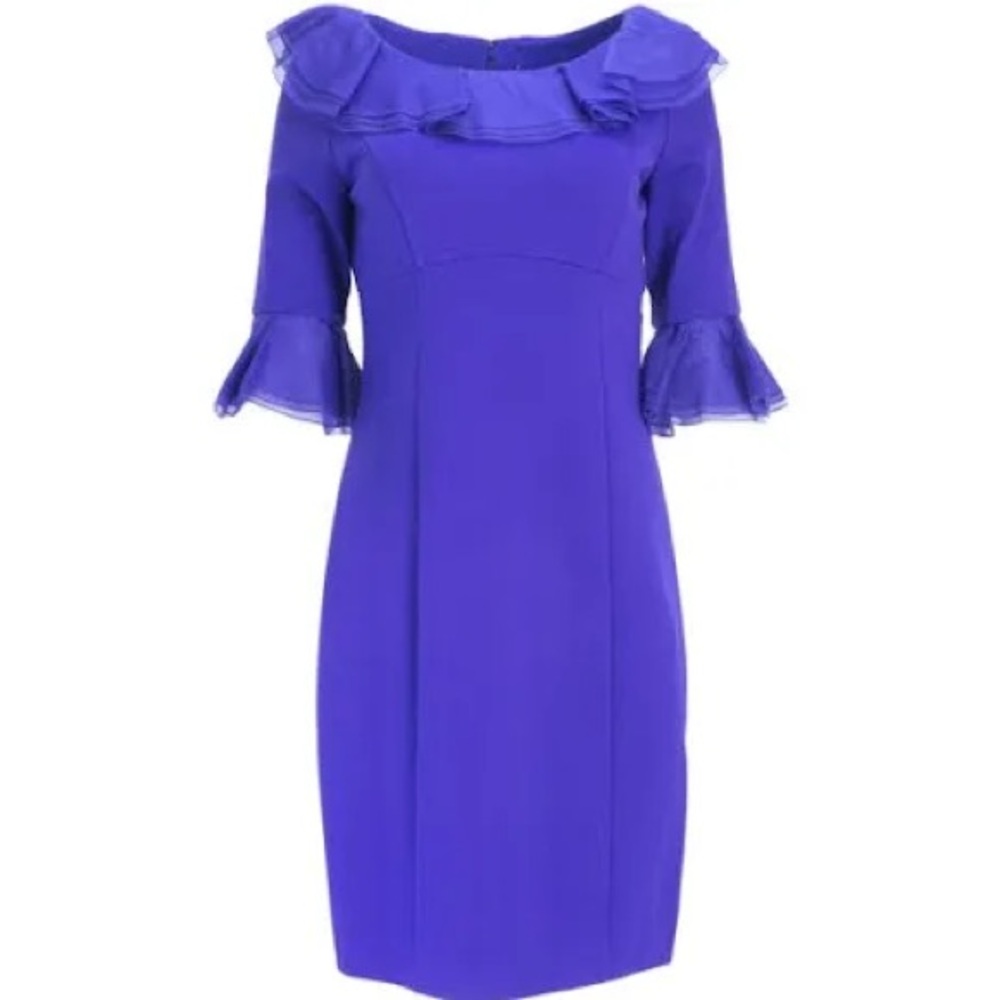Nue by Shani Elegant Blue Ruffle Dress with Body Shaping Architecture NWT